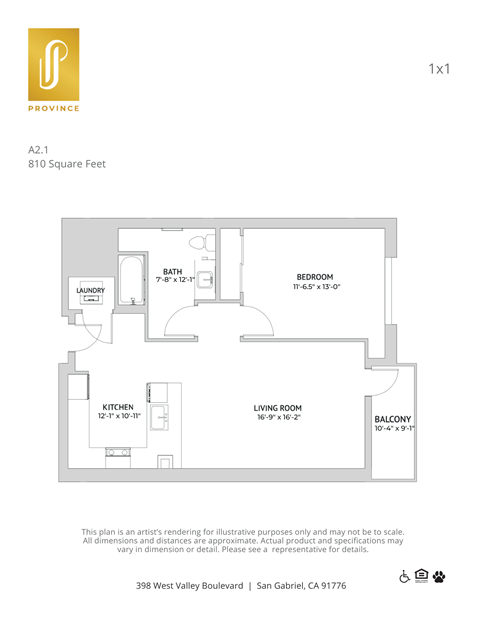 Floor plan for 1 bed, 1 bath, 810 sqft